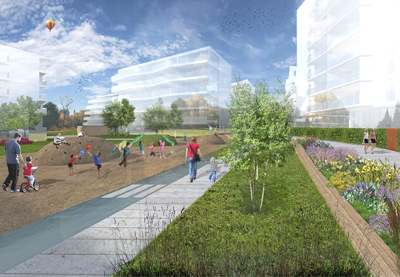 Photo du quartier avec de la nature et des jeux extérieurs